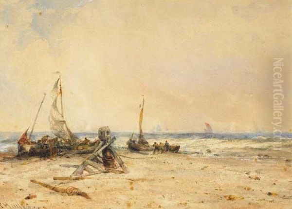 Hauling Boats Ashore Oil Painting by Edwin Hayes