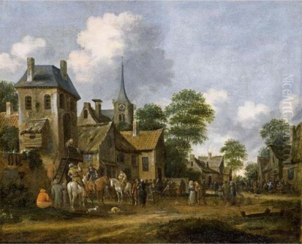 A Village Scene With Horsemen 
Halting Near An Inn And Other Figures Drinking Around Tables And In The 
Street Oil Painting by Thomas Heeremans