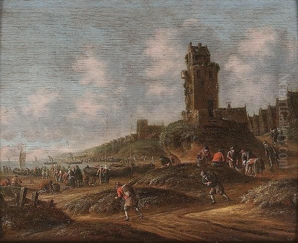 Fishermen Inspecting Their Catch With Figures On A Path And A Village Beyond Oil Painting by Thomas Heeremans