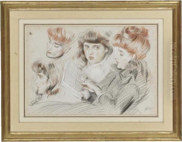 Three Women Reading (recto) And Reclining Nude (verso) : A Double Sided Work Oil Painting by Paul Cesar Helleu