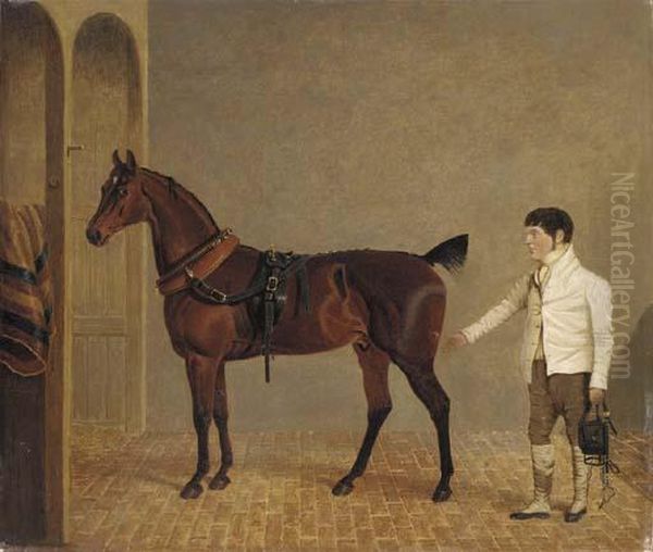 A Carriage Horse And Groom In A Stable Oil Painting by John Frederick Herring Snr
