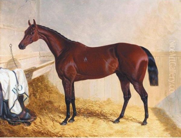 Mr William Orde's Bay Filly Bees-wing In A Loose Box Oil Painting by John Frederick Herring Snr
