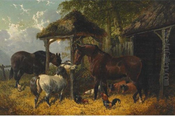 Barnyard Scene With Horses, Chickens And Pigs Oil Painting by John Frederick Herring Snr