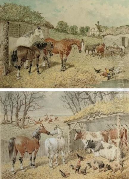 Horses, Cattle, Pigs And 
Chickens In A Byre With A Hunt Beyond; And Horses And Chickens By A 
Farmyard Pond Oil Painting by John Frederick Herring Snr