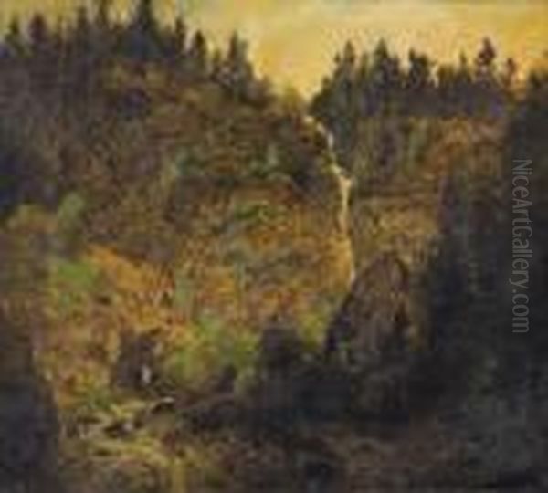 Mountain Landscape With Waterfall Oil Painting by Herman Herzog