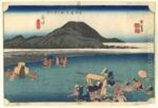 Les Cinquante Trois Stations Du Tokaido Fuchu ; Abe-kawa Oil Painting by Utagawa or Ando Hiroshige