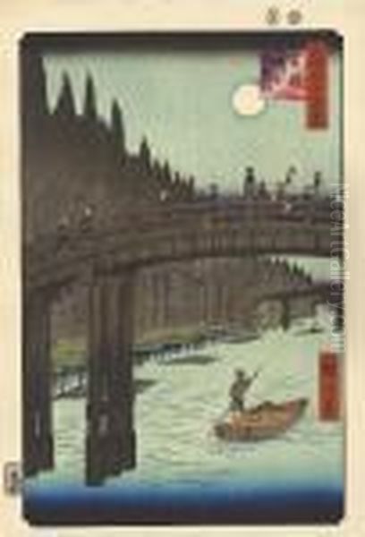 From The Series Meisho Edo 
Hyakkei [one Hundred Famous Views Of Edo], Kyobashi Takegashi [the 
Bamboo Market At The Kyobashi Bridge], Under A Full Moon Pilgrims 
Returning From Mount Oyama Pass Over The Bridge Against A Dramatic 
Background Of Soarin Oil Painting by Utagawa or Ando Hiroshige