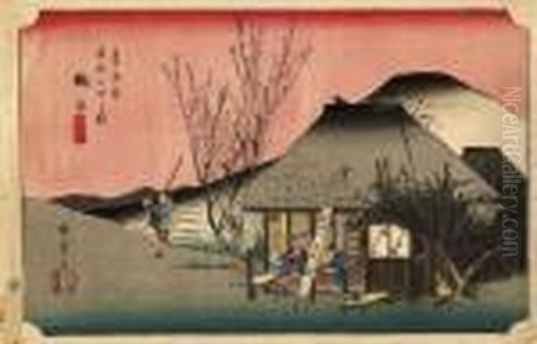 From The Series Tokaido Tsugi No
 Uchi [the Fifty-three Stations Of The Tokaido], Mariko - Meibutsu 
Chamise [mariko - The Local Speciality Shop], Travellers Eating The 
Local Yam Paste Delicacy Tororoshiru Oil Painting by Utagawa or Ando Hiroshige
