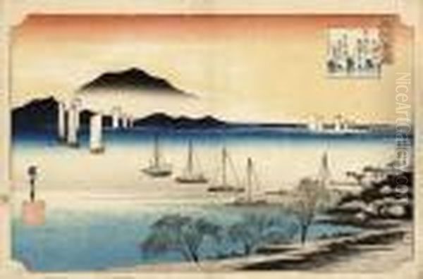 From The Series Omi Hakkei No 
Uchi [eight Views In Omi Province], Yabase No Kihan [returning Sails At 
Kihan], Fishing Boats Returning To Harbour, Signed Hiroshige Ga Oil Painting by Utagawa or Ando Hiroshige