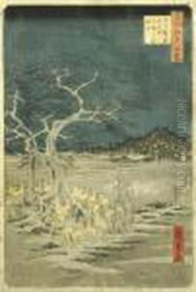 Gathering Of Foxes On The 
Evening Before The New Year In Odji, Edo,by Shrine Of Inari, 1857. 
Colored, Wood Carving, Nisikie, Obanform, 355x230 Mm, Framed, Glassed. 
Print Of Set Meisho Edo Hjakkei(100 Looks At Edo). Oil Painting by Utagawa or Ando Hiroshige