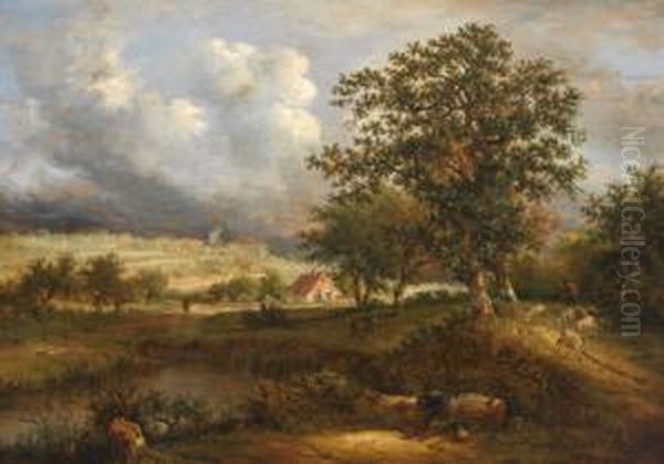 Pastori Con Le Loro Greggi In Riva A Uno Stagno Oil Painting by Meindert Hobbema
