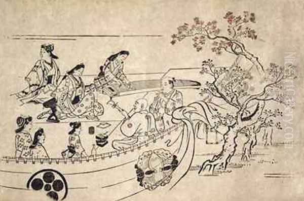 Music Under the Cherry Tree at Ueno 1680 Oil Painting by Hishikawa Moronobu