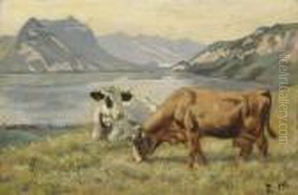 Zwei Kuhe Vor Thunerseelandschaft, Um 1888 Oil Painting by Ferdinand Hodler