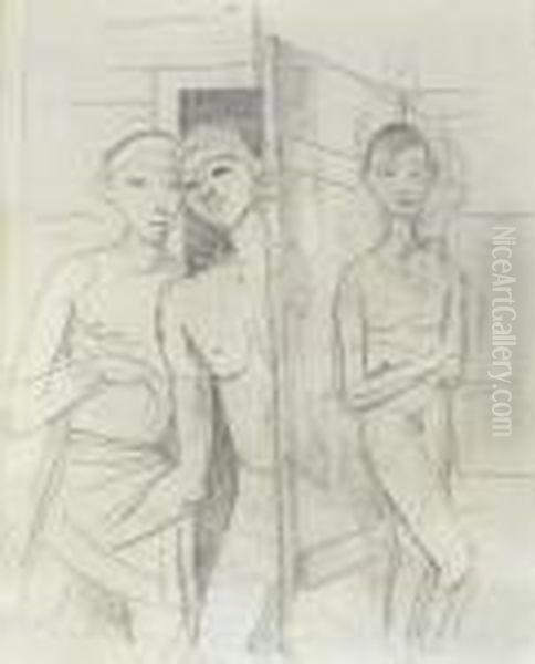 Three Young Men By The Door Oil Painting by Carl Hofer