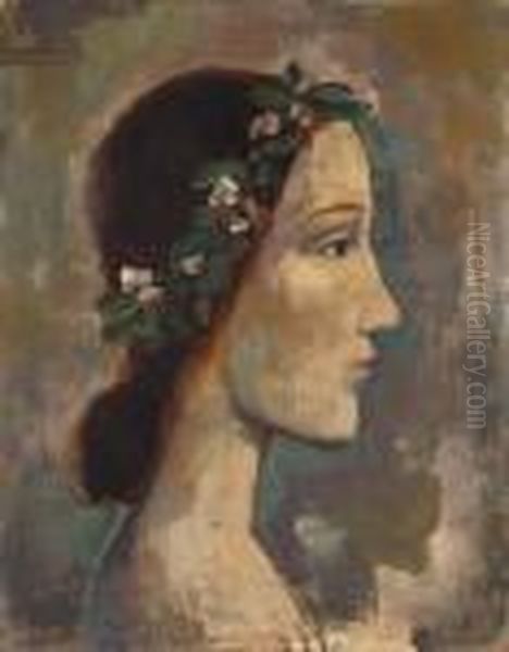 Bekranzter Madchenkopf (profil Nachrechts) Oil Painting by Carl Hofer