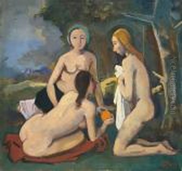 Drei Badende (unter Baumen) Oil Painting by Carl Hofer