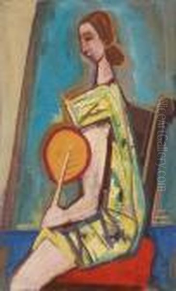 Sitzende Mit Facher Oil Painting by Carl Hofer