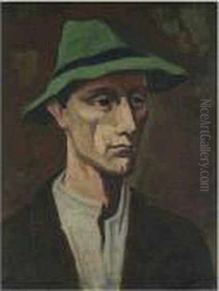 Mannerkopf Mit Grunem Hut Oil Painting by Carl Hofer