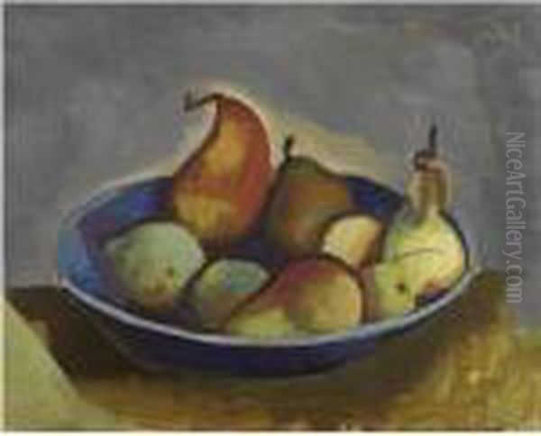 Birnen In Blauer Schale (pears In A Blue Bowl) Oil Painting by Carl Hofer