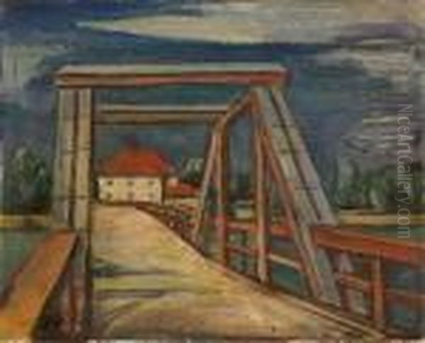 Landschaft Mit See Und Holzbrucke Oil Painting by Carl Hofer