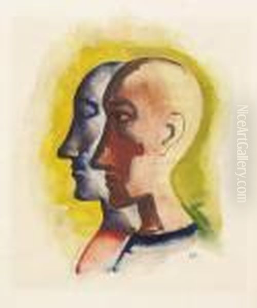 Zwei Kopfe Im Profil Oil Painting by Carl Hofer