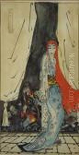 Japanese Figure On A Stage Oil Painting by Carl Hofer