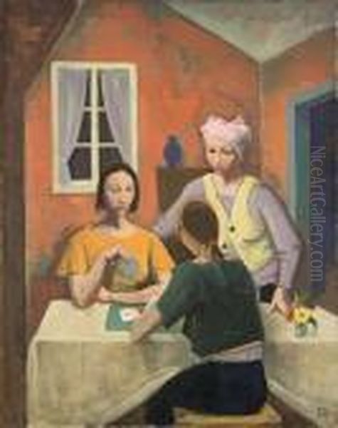 Kartenspielende Madchen Oil Painting by Carl Hofer