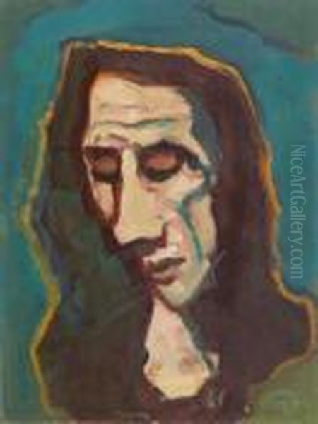 Frauenkopf Mit Gesenktem Blick Oil Painting by Carl Hofer