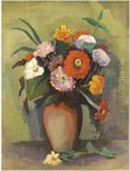 Vase Mit Zinnien (vase With Zinnias) Oil Painting by Carl Hofer