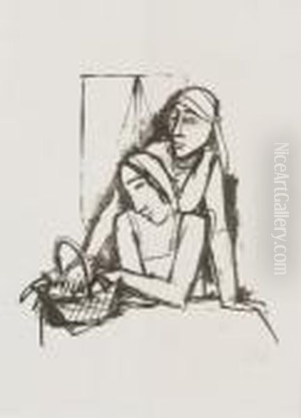 Zwei Frauen Am Tisch Mit Korb Oil Painting by Carl Hofer