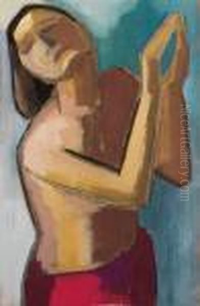 Frauenhalbakt Mit Erhobenen Armen Oil Painting by Carl Hofer