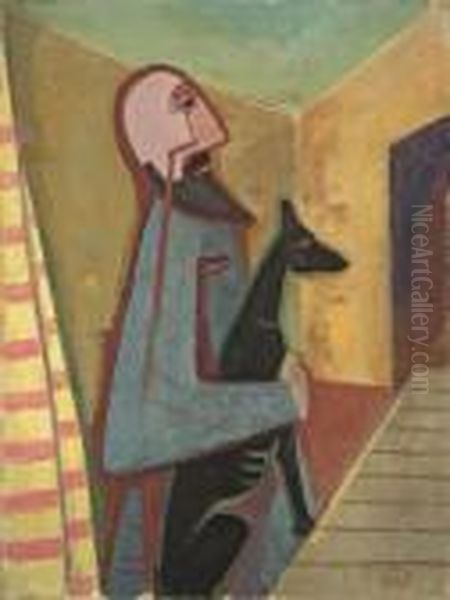 Mann Mit Hund (bartiger Mann Mit Schaferhund) Oil Painting by Carl Hofer