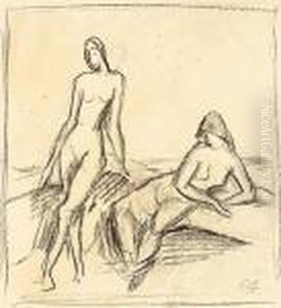 Zwei Weibliche Akte Oil Painting by Carl Hofer