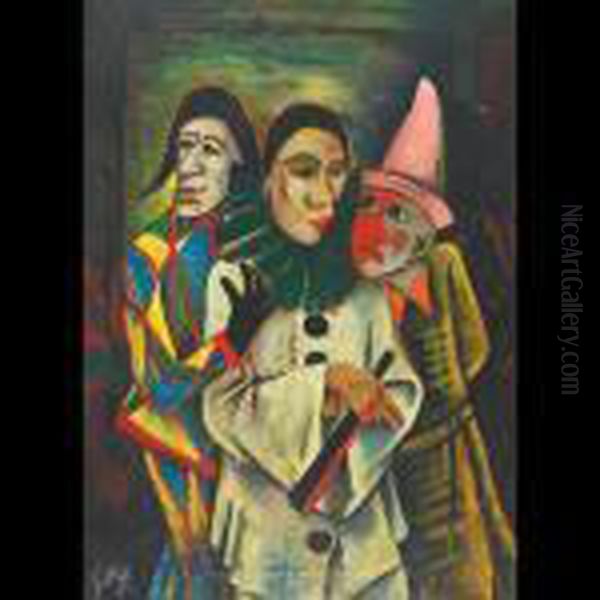 Three Clowns Oil Painting by Carl Hofer