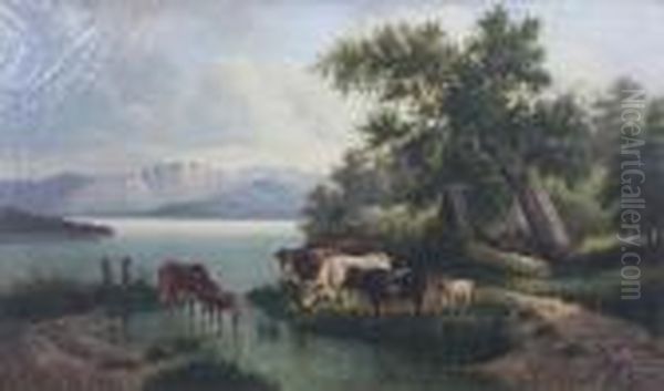 Cattle Watering At A Lakeside Edge, Near A Log Cabin Oil Painting by Carl Hofer