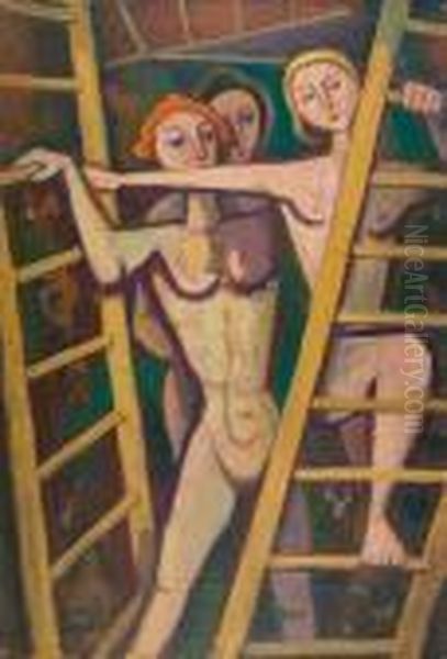 Drei Madchen Zwischen Leitern. Oil Painting by Carl Hofer