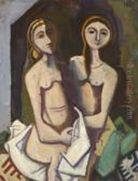 Zwei Sitzende Madchen.
 1943 Oil Painting by Carl Hofer