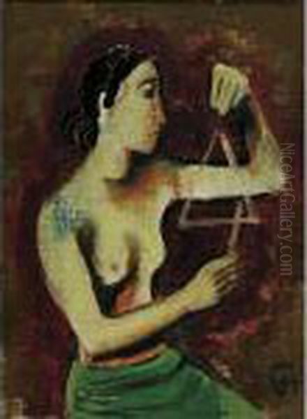 Young Woman Playing A Triangle Oil Painting by Carl Hofer