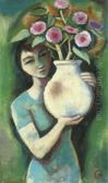 Madchen, Eine Vase Mit Blumen Haltend Oil Painting by Carl Hofer