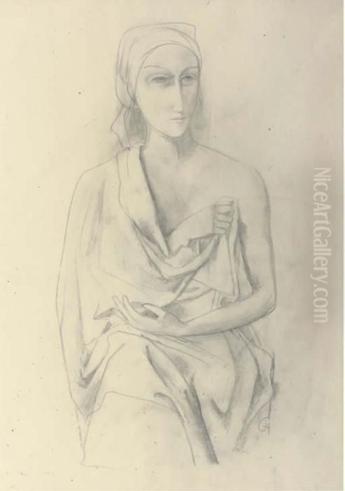 Woman In Drapery Oil Painting by Carl Hofer