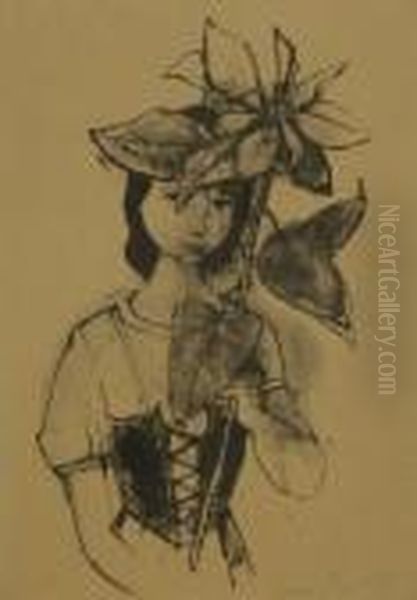 Madchen Mit Christblume. Um 1946 Oil Painting by Carl Hofer
