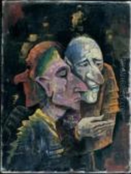 Masken (damonen, Drei Halbfiguren) Oil Painting by Carl Hofer