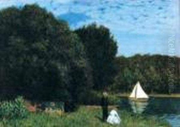 Landschaft Mit Segelboot Oil Painting by Carl Hofer