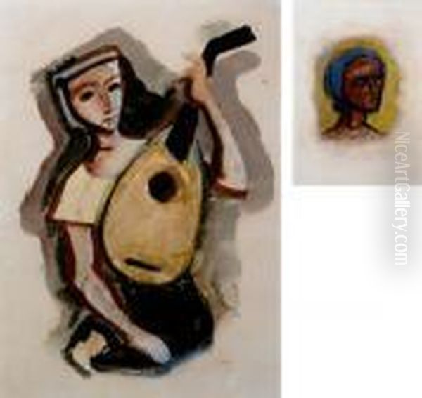 Madchen Mit Laute (#) Weiblicher Kopf Nach Rechts Oil Painting by Carl Hofer