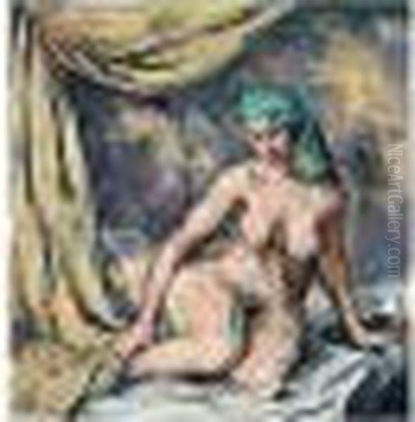 Odaliske Mit Grunem Kopftuch (odalisque With Green Headscarf) Oil Painting by Carl Hofer