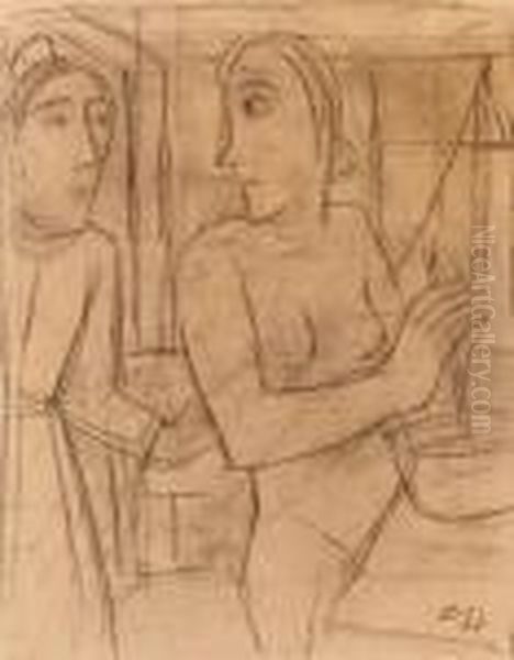 Interieur Mit Zwei Frauen Im Gesprach Oil Painting by Carl Hofer