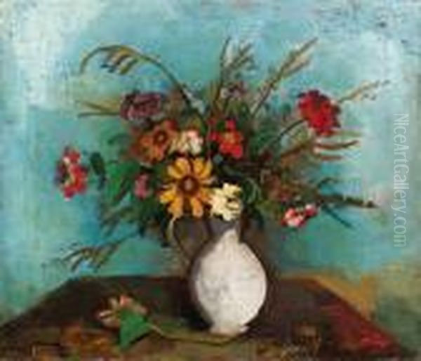 Feldblumen In Weiem Henkelkrug Oil Painting by Carl Hofer