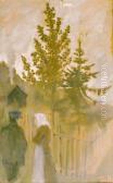 Mann Og Kvinne Ved Stakittgjerde Oil Painting by Thorolf Holmboe