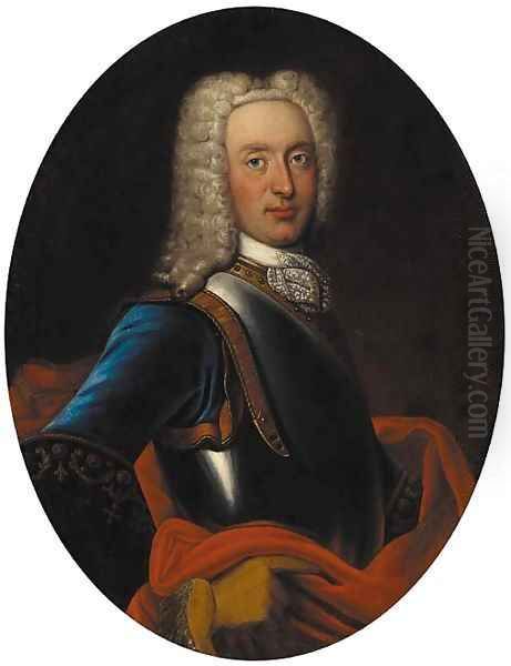 Portrait of a gentleman, half-length, in a blue coat, red wrap and breastplate Oil Painting by Philippe Mercier