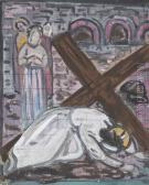 Station Of The Cross - Christ Falls For The First Time Oil Painting by Evie Sydney Hone